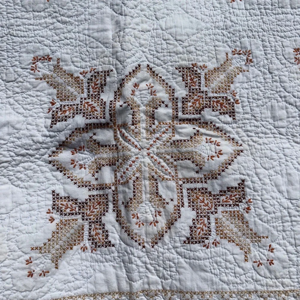 Vintage Hand Embroidered Quilt Brown Cross Stitch Whole Cloth Folk Art Coverlet